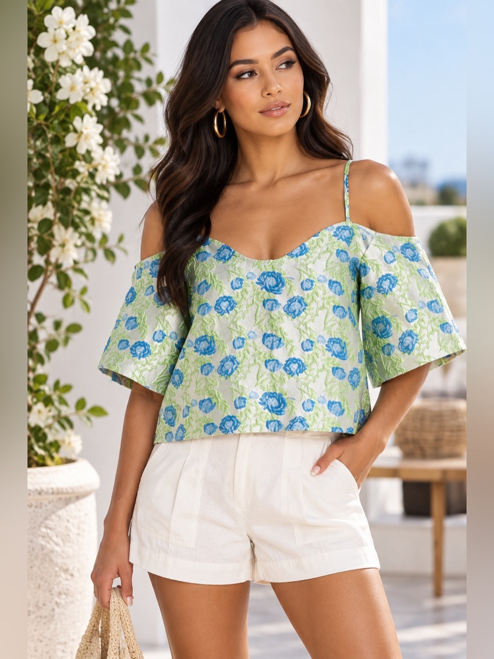 NEW GANNI Floral Jacquard Off-the-Shoulder Top – Size EU 40 / US 8-10